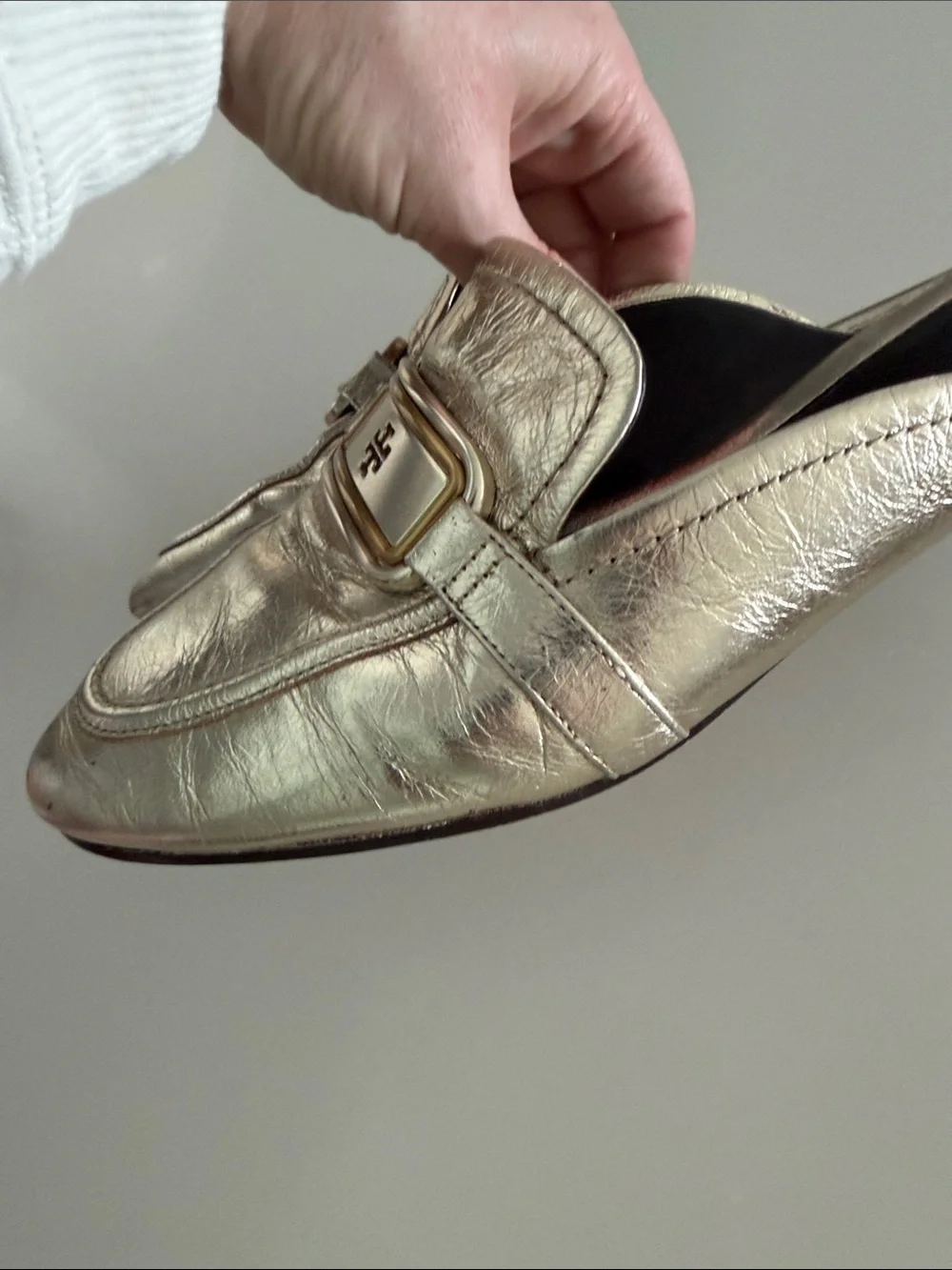 Tory Burch Metallic Gold Slip-On Mule with Logo Plaque